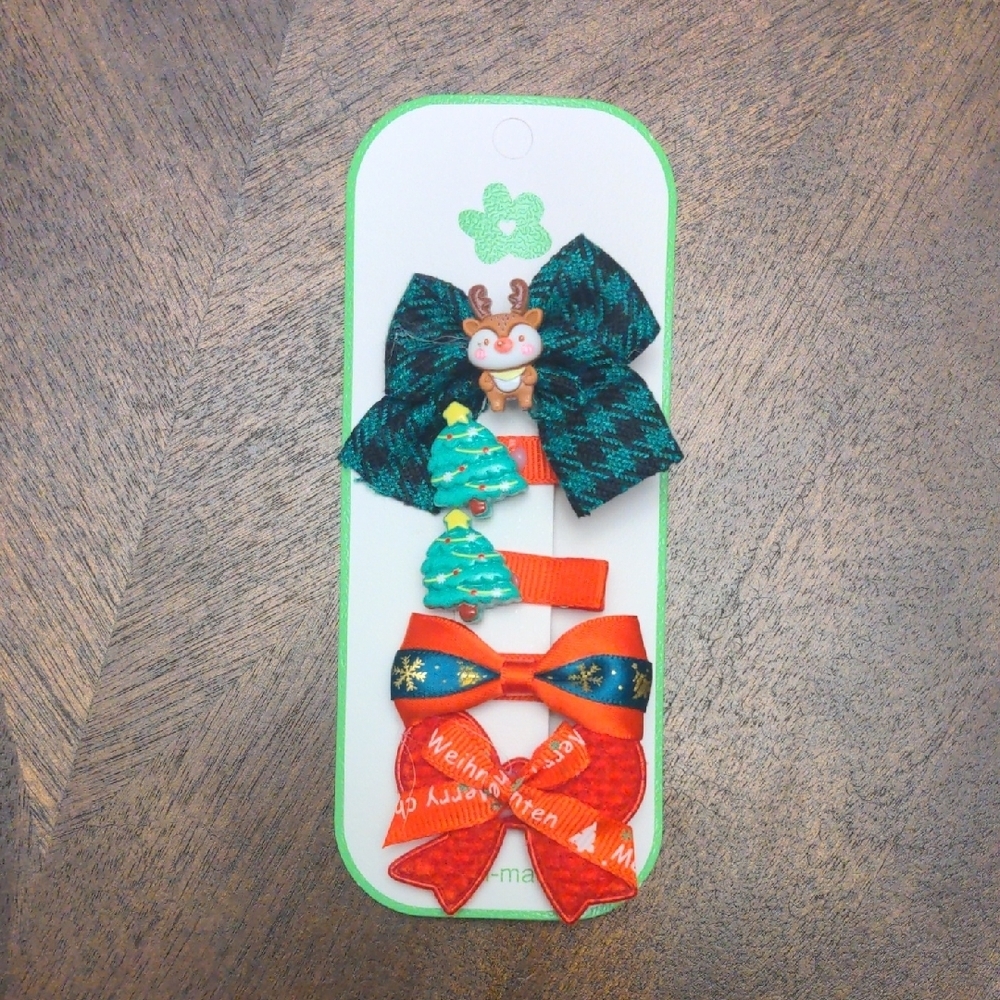 Hair Clip Set - Christmas Trees and Raindeer set of 5 clips